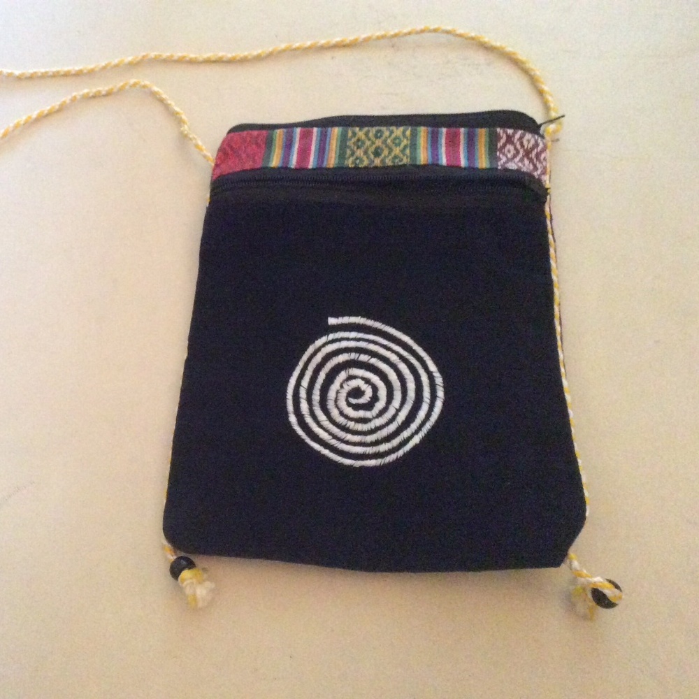Shoulder Pouch Black With Spiral Embroidered Design on Front and Colorful Trim